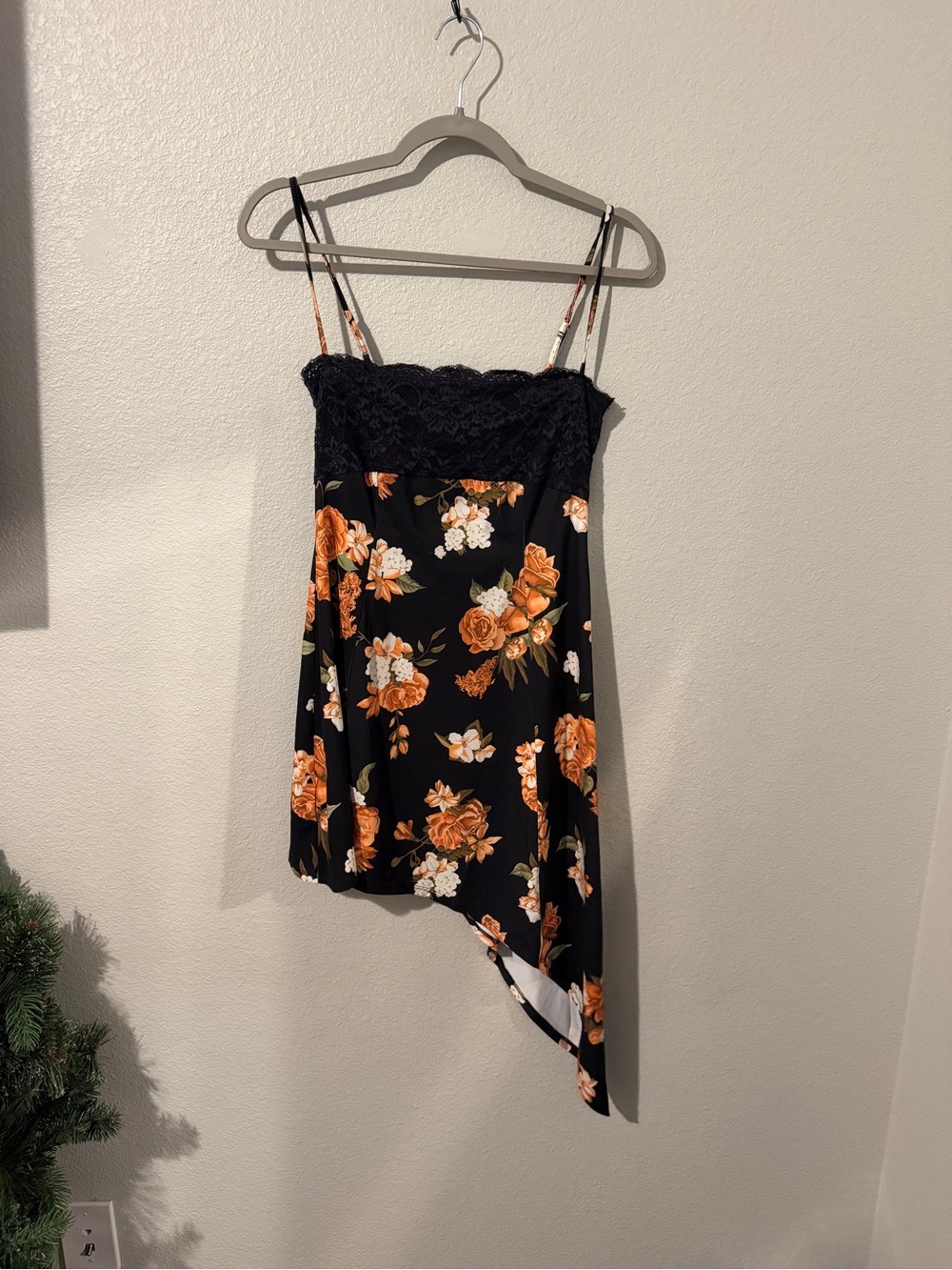 WeWoreWhat Black Lace Slip Dress with Floral Accents